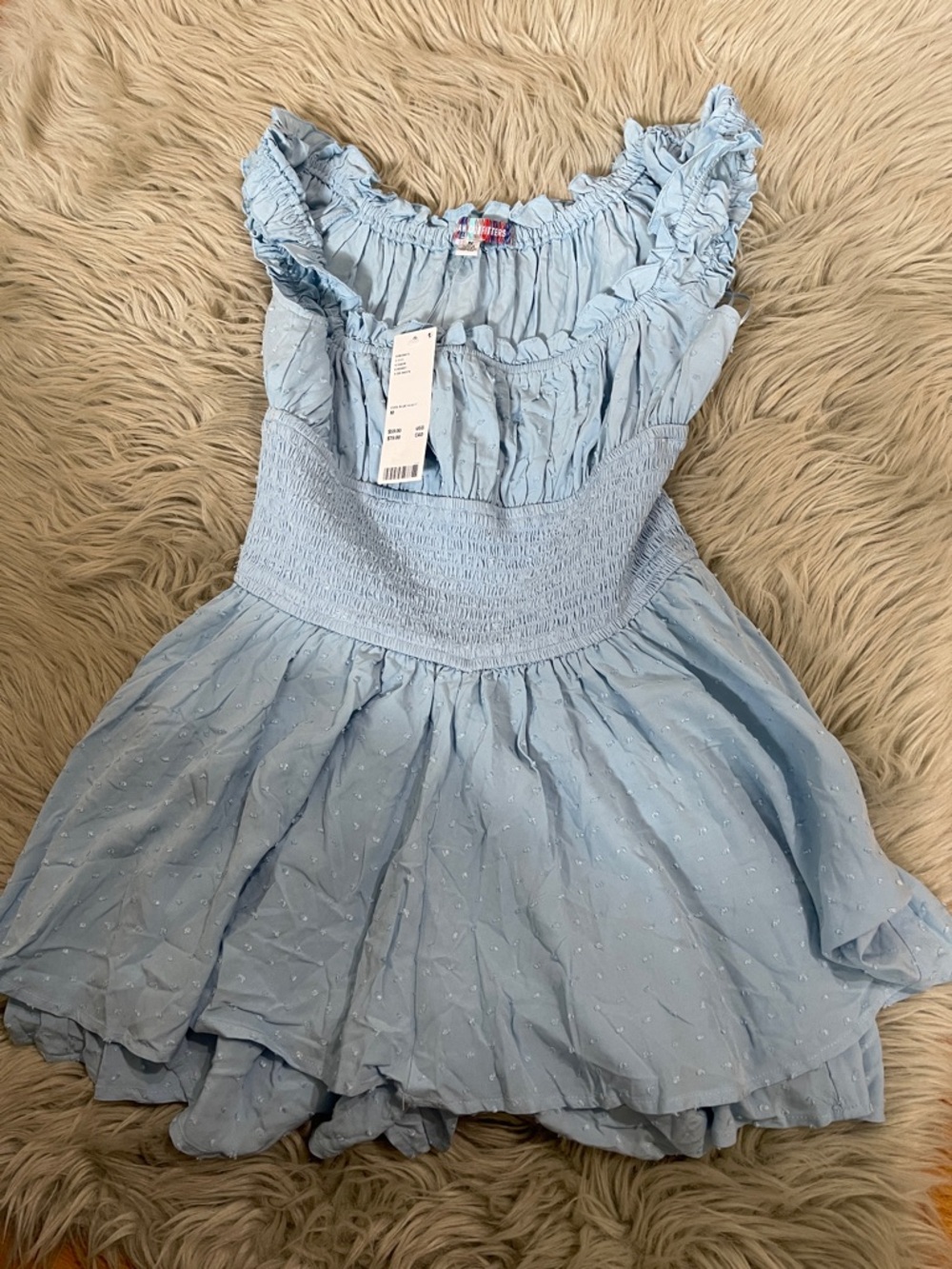Urban Outfitters Light Blue Ruffle-Sleeve Smocked Waist Dress